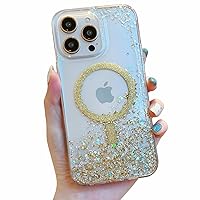 Cute Glitter for iPhone 13 Pro Max Case [Compatible with MagSafe] Clear Magnetic Cover with Bling Stars for Women Girls [12FT Drop Protection] - Sparkly Gold-6.7