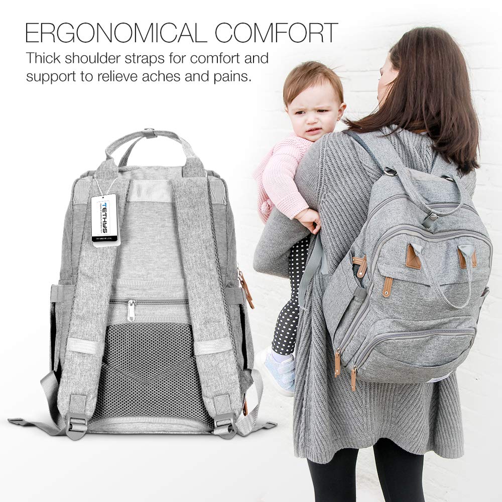 TETHYS Diaper Bag Backpack [Multifunction Waterproof Travel Back Pack] Maternity Baby Nappy Changing Bag Ideal for Mom and Dad, Large Capacity and Stylish Organizer for Baby Care - Gray