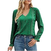 Women's Lace Floral V Neck Tops Lantren Long Sleeve Casual Blouses Sexy Fitted Plain Fashion Dressy Hollow Shirts