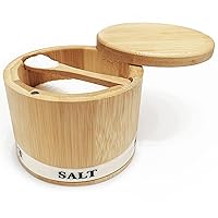 Salt Box Bamboo Salt Container with Swivel Lid with Magnetic to Easily Open and Seal Salt Cellar With Spoon for Storing Salt Pepper Sugar Herbs Small Spice Box