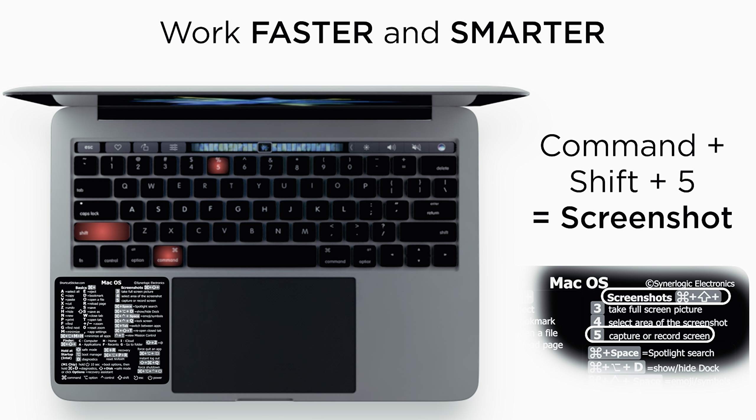 SYNERLOGIC (for Intel) Mac OS (Monterey/Big Sur/Catalina/Mojave etc) Keyboard Shortcut Transparent Vinyl Sticker, No-Residue Adhesive, Compatible with MacBook Air/Pro/iMac/Mini
