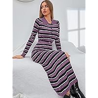 TLULY Sweater Dress for Women Block Striped Pattern Belted Sweater Dress Sweater Dress for Women (Color : Multicolor, Size : Small)