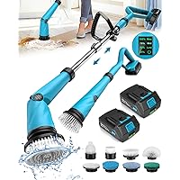 1500 RPM Battery Electric Spin Scrubber with Handle, 8 Replaceable Cleaning Brush & 2 Battery Powered Shower Scrubber with Display 3 Speed & Adjustable Handle Cordless Power Scrubber for Deep Cleaning