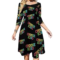 Choose Kind Midi Dresses for Women Tie Flared A-Line Swing 3/4 Sleeves Cute Sundress