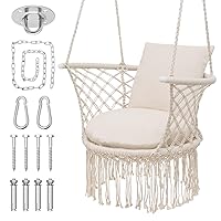 MoNiBloom Macrame Hanging Swing Chair with Cushions, Boho Style Cotton Rope Mesh Hammock Chair with Tassels Max 350 lbs for Indoor/Outdoor Macrame Swing for Living Room, Porch, and Patio