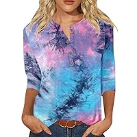 3/4 Length Sleeve Womens Tops Dressy Casual Button Crew Neck Floral T Shirts 3/4 Sleeve Tops Painting Graphic Tees Blouses
