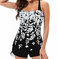 Womens Tankini Set Floral Print Square Neck Elastic Swimsuit with Boyshorts Athletic Tummy Control Beachwear Bathing Suit