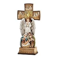 Avalon Gallery Christmas Figurines - Joseph Mary with Jesus and Angel Standing Cross Centerpiece Figurine, 14-Inch, Nativity Cross