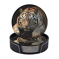 Lying Tiger Printed Drink Coasters with Holder Leather Coasters Set of 6 Tabletop Protection Decorate Cup Mat for Coffee Table Bar Kitchen Dining Room