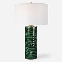 MY SWANKY HOME Emerald Green Swirl Stripe Cylinder Table Lamp 28 in Gloss Ceramic Elegant