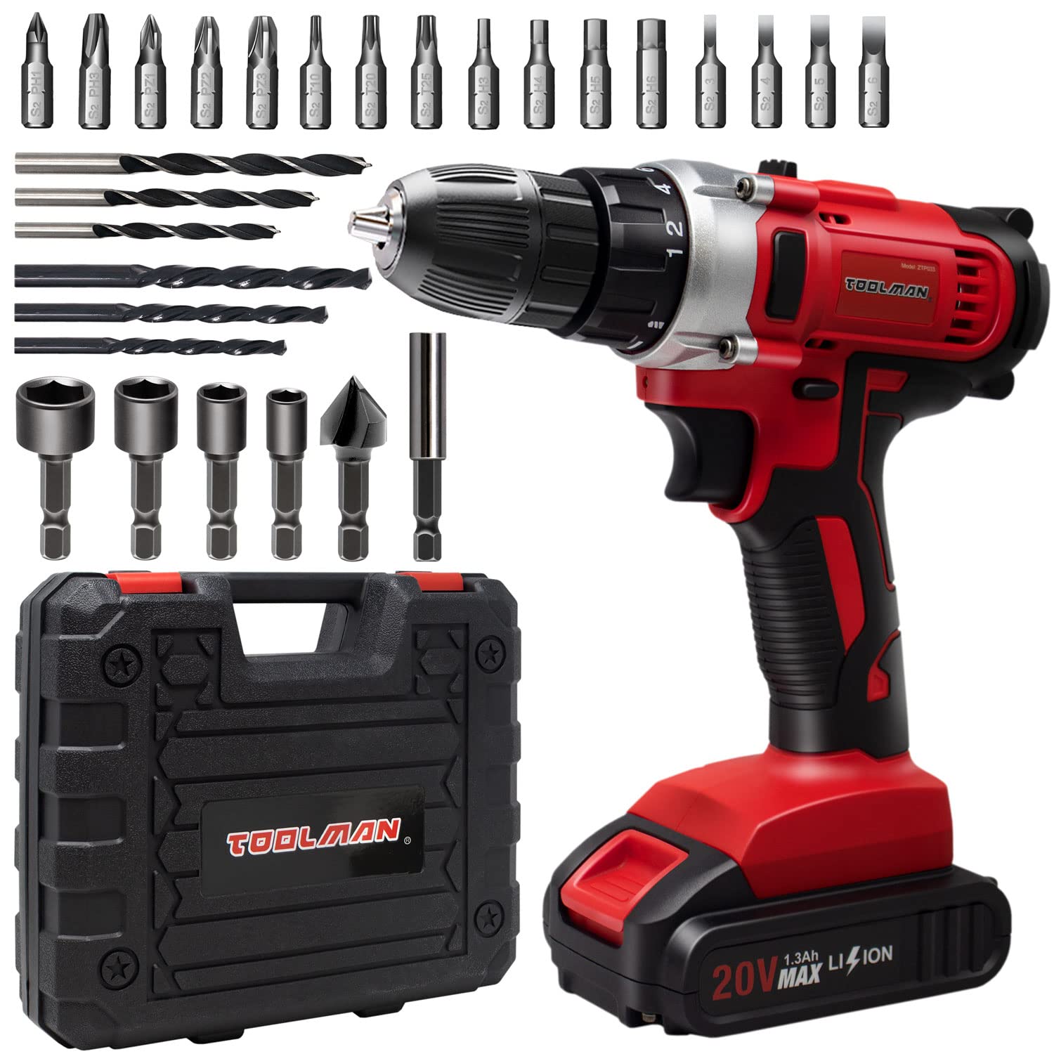 Toolman Led Lithium-ion Cordless Power Drill driver Kit 20V with Drill Set 30 pcs for Heavy Duty ZTP009