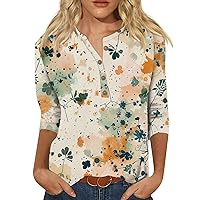 3/4 Length Sleeve Womens Tops Button Crew Neck Printing Shirts 2024 Summer Plus Sized Loose Fit Holiday Blouse