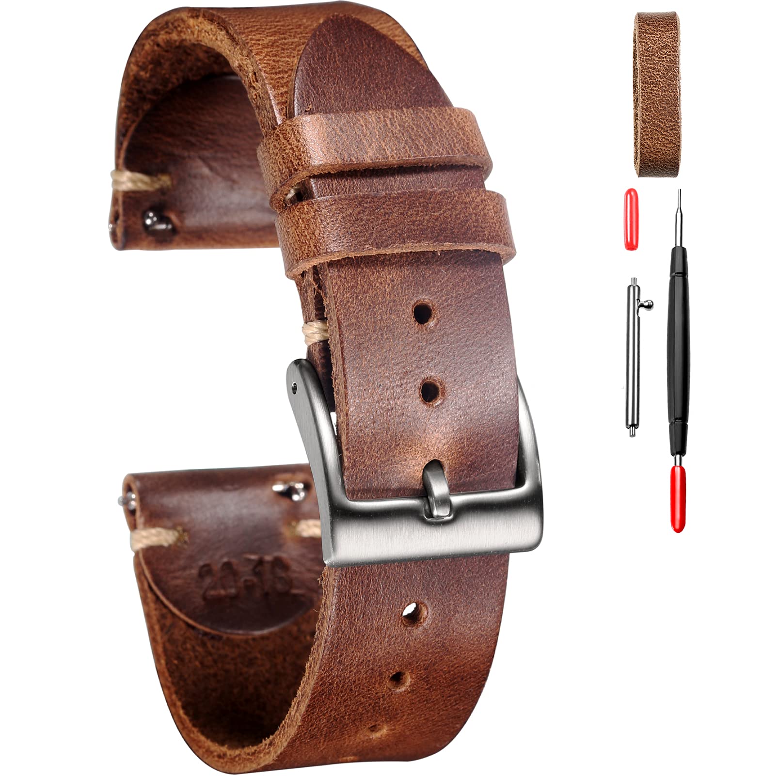 hemsut h 20mm Leather Watch Bands for Men, Thin Soft Horween Leather Watch Strap Quick Release Vintage Watch Wrap