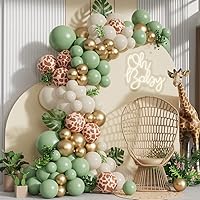 Jungle Safari Balloon Garland Arch Kit 135pcs Sage Green and White Sand Giraffe Animal Print Balloons for Woodland Baby Shower Wild One Boys First Birthday Party Decoration