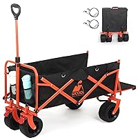 Collapsible Heavy Duty Wagon Cart with Big Wheels & Brake, Large Capacity Folding Utility Wagon Cart, for Pet Sand Outdoor Camping Garden Works Shopping, with Two Elastic Ropes