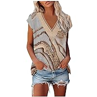YZHM Womens Summer Tops Cap Sleeve Shirts Lace Trim V Neck Tank Tops Loose Fit Floral Printed Dressy Blouse Trendy Tshirts