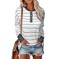 EVALESS Womens Long Sleeve Tops Cute Waffle Knit Striped Casual Button Up Tunic Shirts