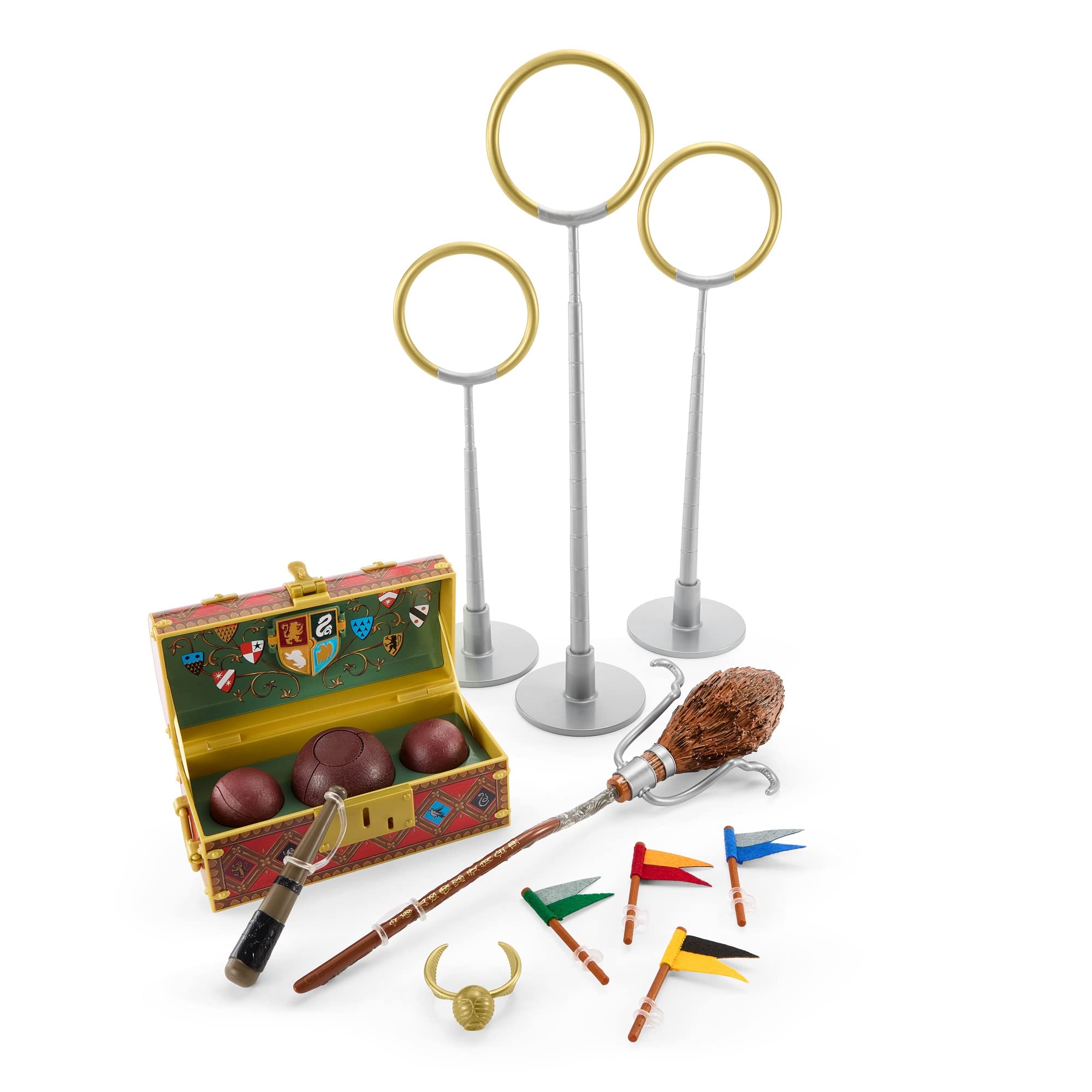 American Girl Harry Potter Hogwarts Quidditch 13-Piece Accessory Set with a Broomstick, Three Ring Goals, Golden Snitch, and House pennants: Gryffindor, Hufflepuff, Ravenclaw, and Slytherin