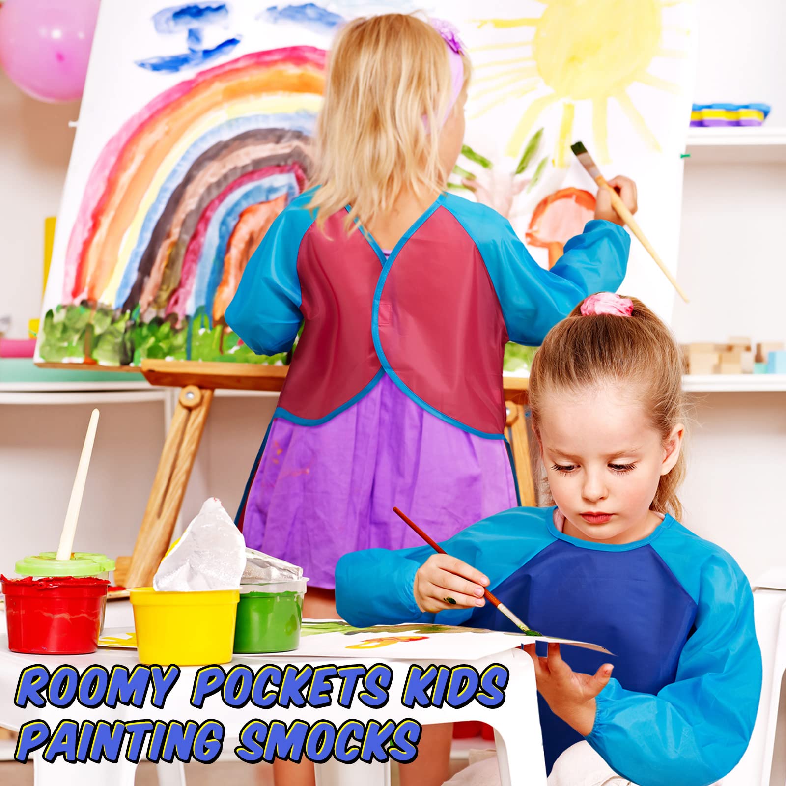 36 Pcs Kids Art Smocks Waterproof Toddler Painting Smocks Children Artist Apron Long Sleeve with 3 Pockets for Girl Boy Painting Supplies, Age 2-8 Years