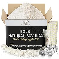 CraftBud Soy Candle Wax for Candle Making – Natural Soy Wax for Candle Making 50 lb Bag, Candle Making Wax, 50 Lbs. Soy Wax Flakes, 500 Candle Wicks, 500 Wick Stickers, and 10 Metal Centering Devices