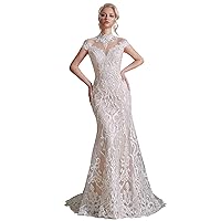 Women's Capped Beaded Lace Applique Mermaid Tulle Wedding Dress