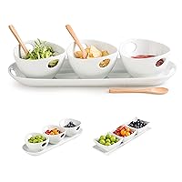 Ceramic Chip and Dip Serving Set with Tray and Spoons, 3 Piece Dipping Bowls with Handles, Small Serving Bowls Condiment Tray for Snacks, Appetizers, Sauces, Candy