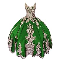 Luxurious Gold Embroidery V Neck Ball Gown Quinceanera Prom Dresses 2024 Charros Satin Keyhole Back