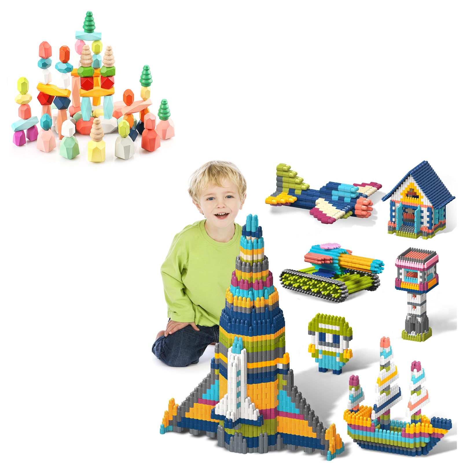 1140 PCS 10 Colors Educational Interlocking Plastic Building Block Toys Set for Kids 4-8-12 & 48PCS Wooden Stacking Building Blocks Montessori Toys for 1 2 3 4 5 6 Year Old Girls Boys