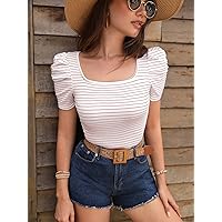 Women's Tops Sexy Tops for Women Shirts Striped Print Puff Sleeve Tee Shirts (Color : Red, Size : Small)