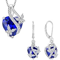 925 Sterling Silver Heart Butterfly Pendant Necklace Earrings Women Jewelry Set Gift with Birthstone Created Sapphire