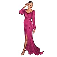 Long Sleeve Satin Prom Dresses with Train V Neck High Low Side Slit Plus Size Wedding Guest Dress for Women Formal