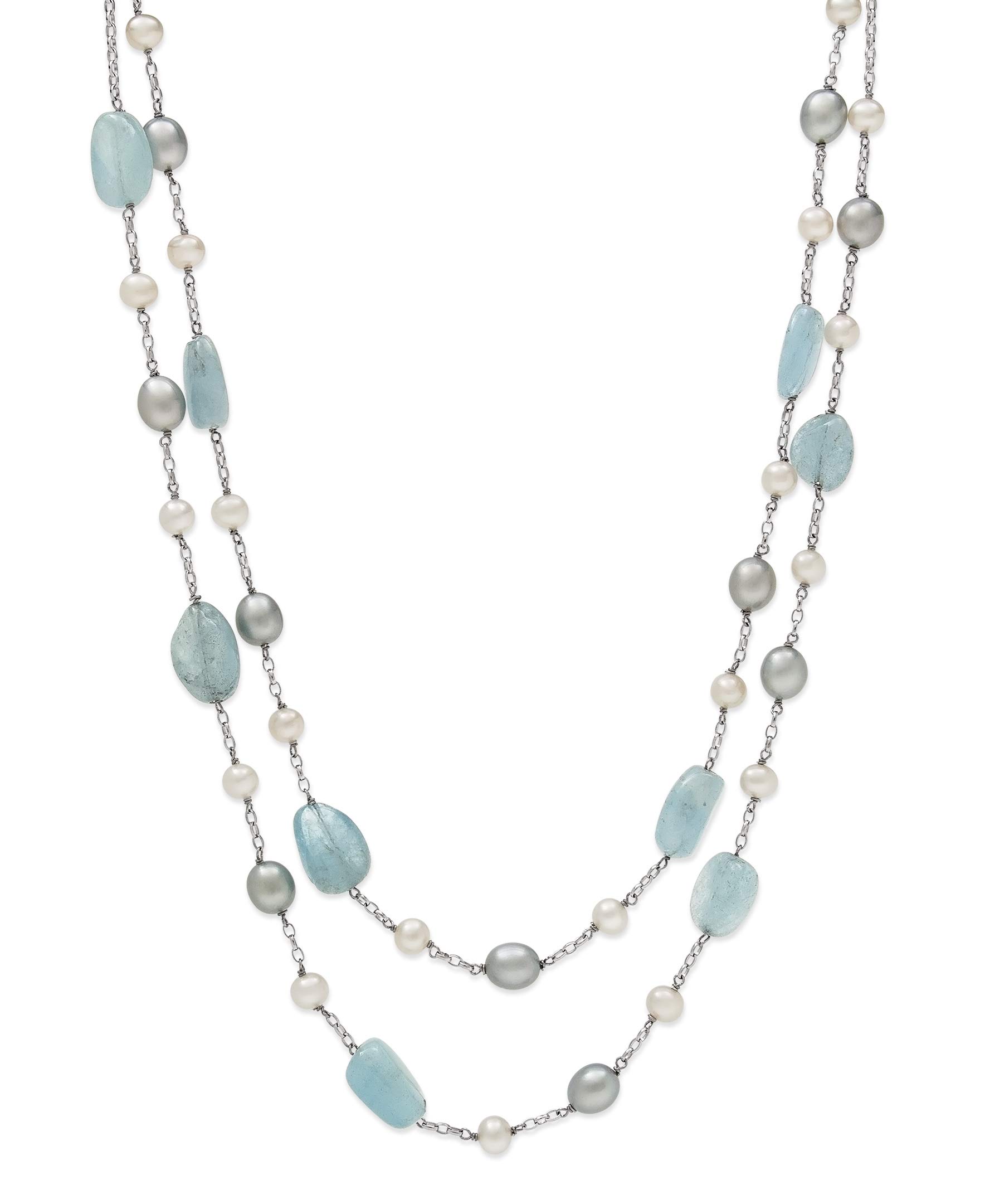 Belacqua Natural Aquamarine & Cultured Freshwater Pearl Layered Station Chain Necklace