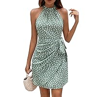 Womens Summer Dresses, Daily Neck Sleeveless Floral Pleated Short for Women Ruched Dress, S, XL