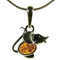 Baltic amber and sterling silver 925 designer cognac mouse animal pendant necklace - 10 12 14 16 18 20 22 24 26 28 30 32 34 36 38 40
