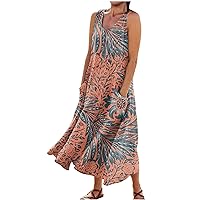 Women's Casual Dresses,Women's Summer Casual Fashion Retro Floral Printed Sleeveless Round Neck Sundress with Pocket