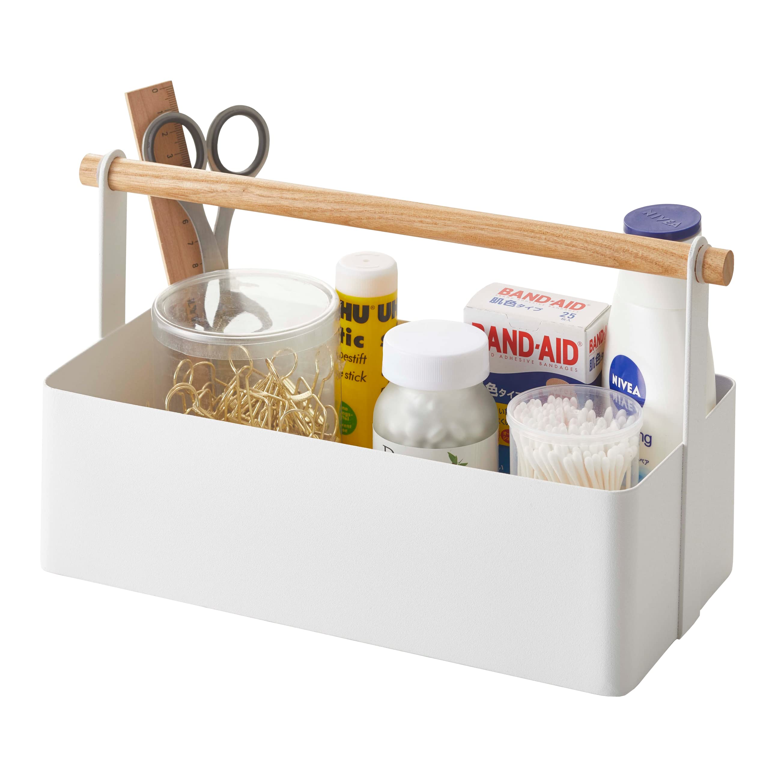 Yamazaki Caddy Home Storage Handle Organizer | Steel + Wood | Large | Baskets and Bins, One Size, White