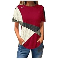 Women Color Block Casual Tops Fashion Summer Blouses Sexy Classy Short Sleeves Tunic Top Loose Fit Beach T Shirt