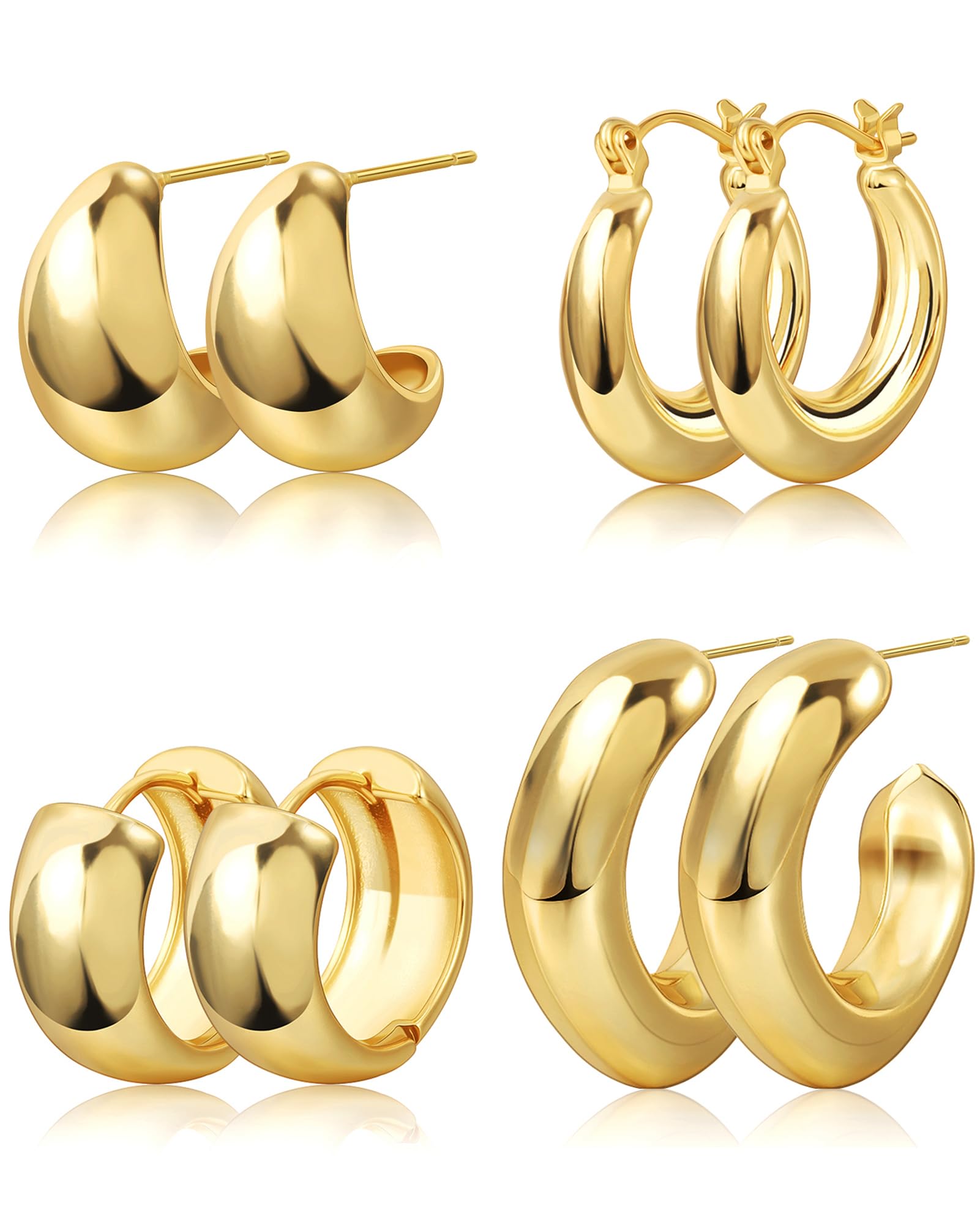 Small Chunky Hoop Earrings Lightweight - 14K Gold Hoop Earrings for Women Thick Gold Earrings Set for Girls Hypoallergenic 925 Sterling Silver for Sensitive Ears
