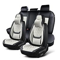Car Seat Covers Full Set, Breathable Leather Automotive Front and Rear Seat Covers & Headrest, Universal Automotive Vehicle Seat Cover for Most Sedan SUV Pick-up Trucks, Black-Beige