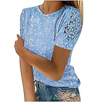 Tops for Women Fall Summer Lace Eyelet Short Sleeve Crew Neck Gradient Floral Tops Shirt Blouses Women 2024