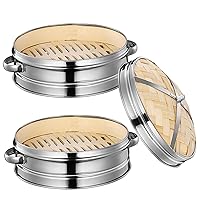 Bamboo Steamer 7.9 Inch 2 Tiers Bamboo Steamer Basket with Lid and Binaural Handle Hollow Dumpling Steamer with Stainless Steel Ring for Cooking Dim Sum, Buns, Dumplings, Kitchen Items
