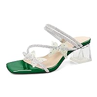 Heeled Sandals Rhinestone Butterfly Heels Mules Square Open Toe Clear Low Block Chunky Heels 2 Inch Ankle Strap Shoes