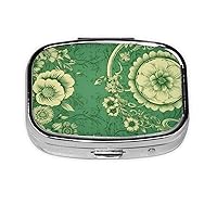 Green Vintage Floral Pill Box 2 Compartment Small Pill Case for Purse & Pocket Metal Medicine Case with Mirror Portable Travel Pillbox Medicine Organizer
