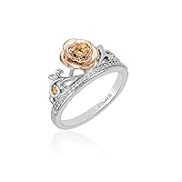 Jewelili Disney Princess Belle Inspired Rose Ring with 1/10 CTTW Diamonds and Yellow Citrine in 14K Rose Gold over Sterling Silver Enchanted Disney Fine Jewelry
