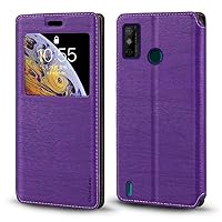 Tecno Spark 6 Go Case, Wood Grain Leather Case with Card Holder and Window, Magnetic Flip Cover for Tecno Spark 6 Go Purple