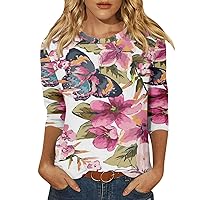 Shirts for Women Summer 3/4 Length Sleeve Crewneck Tops Loose Casual Sunflower Printed Three Quarter Cute Blouses