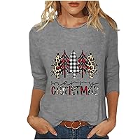 Merry Christmas 3/4 Sleeve Tops for Women Cute Xmas Tree Tshirts Plus Size Crew Neck Blouse Soft Holiday Pullover Tees Gray