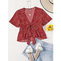 Womens Summer Tops Tie Front Polka Dot Peplum Top (Color : Red, Size : X-Small)