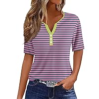 Womens Spring Tops Fashion Casual Printed V-Neck Short Sleeve Decorative Button T-Shirt Top