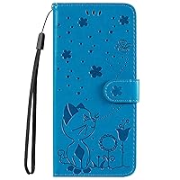 Wallet Case Compatible with Huawei P40 Pro, Embossed Bee Cat PU Leather Flip Folio Shockproof Cover for P40 Pro (Blue)